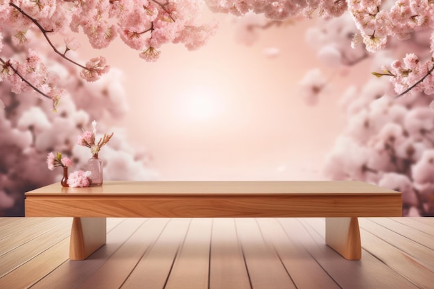 Wooden Table Top Product Display with Cherry Blossom Background HighEnd and Sophisticated Setting for Showcasing Products