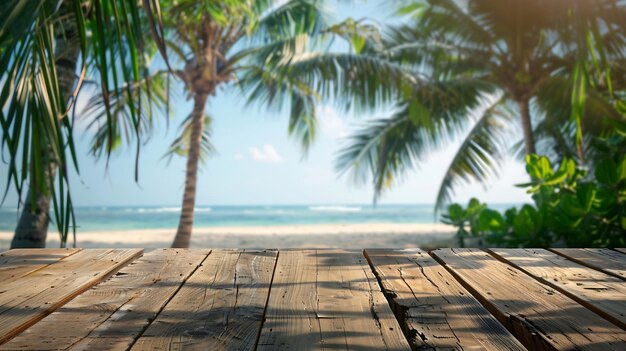 Wooden table top for product placement in front of beautiful tropical beach Generative AI