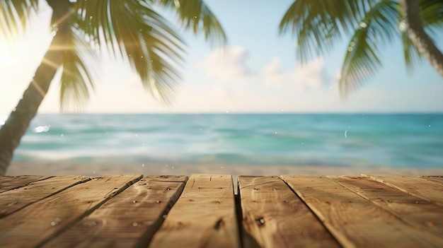 Wooden table top for product placement in front of beautiful tropical beach Generative AI