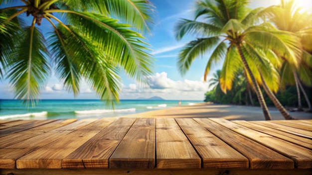 Wooden Table Top Over Tropical Beach Scene