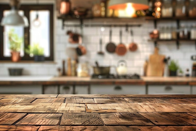 Wooden table top view for product montage over blurred kitchen interior background