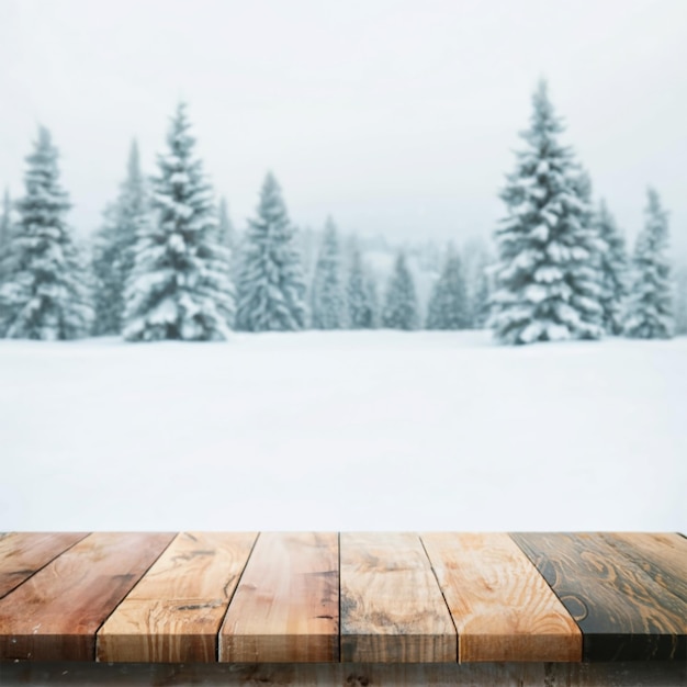 Wooden Table Top On Winter Sunny Landscape With Fir Trees Background