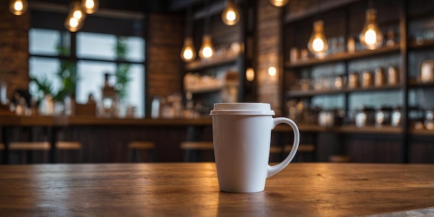 wooden table top with blurred background for product display bokeh light and abstract blur of coffee shop interior background