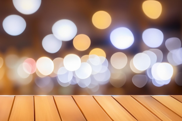 Photo wooden table top with blurred bokeh lights background