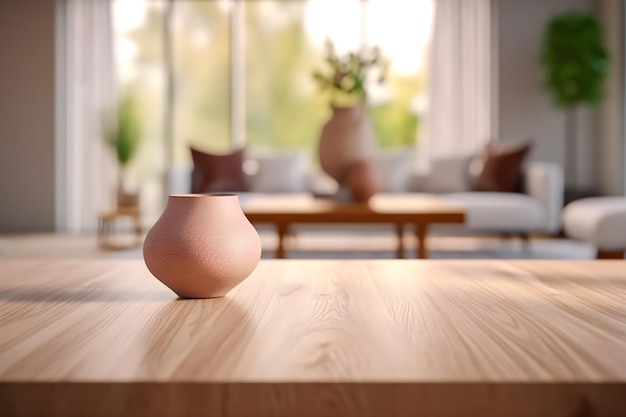 Wooden table top with blurry modern living room background