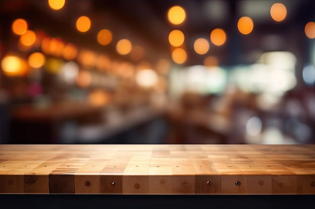 Wooden table top with bokeh lights in the background Generative AI