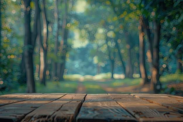 Wooden Table Top with Forest Background for Copy Space