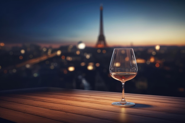 Wooden table top with a glass of wine with a blurred paris in background