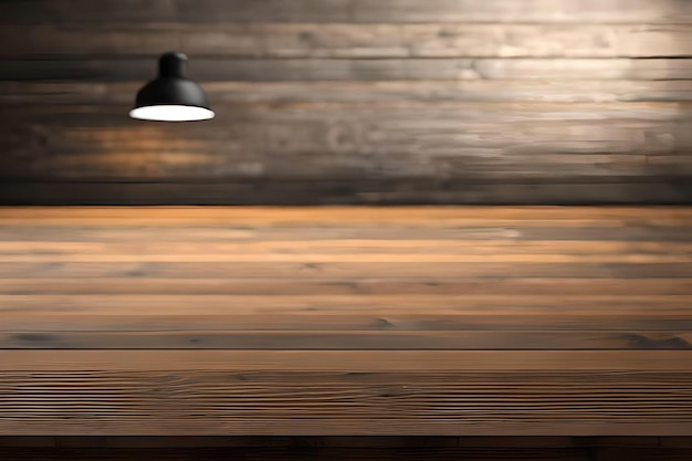 Wooden table top with lights bokeh kitchen background