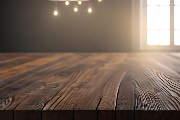 Wooden table top with lights bokeh kitchen background