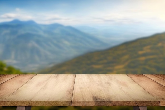 Wooden table top with the mountain landscape