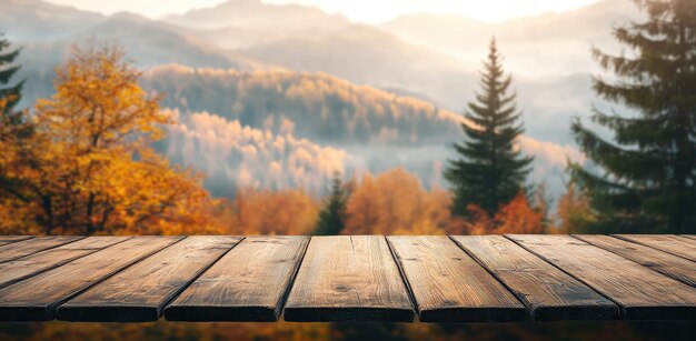 Photo wooden table top with mountain view autumn forest and mountain landscape background product display