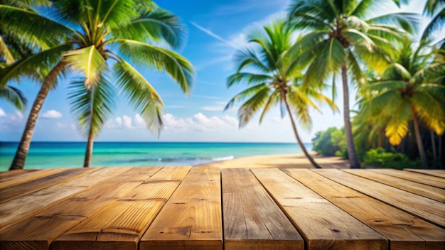 Wooden Table Top with Palm Tree and Ocean Blurred Background