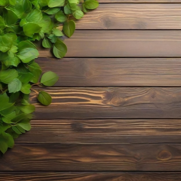 wooden table top with spring green leaves as frame and free space for text