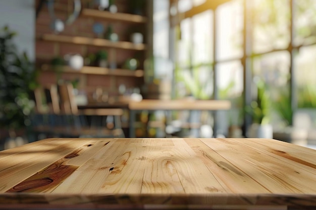 Wooden table top with tablecloth on blurred modern kitchen interior background mock up copy space