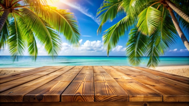 Wooden Table Top With Tropical Beach Background