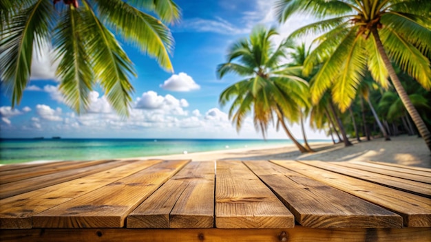 Wooden table top with tropical beach background