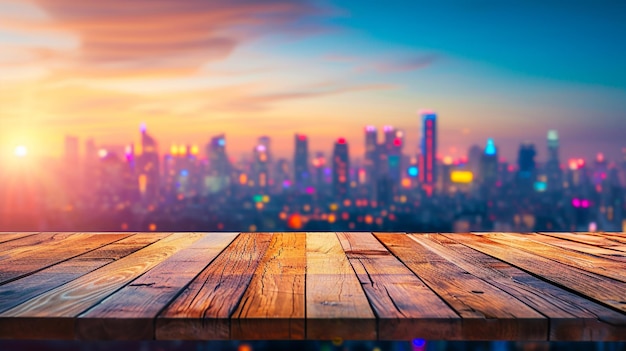 Wooden Table Top with Vibrant Cityscape Background and Copy Space