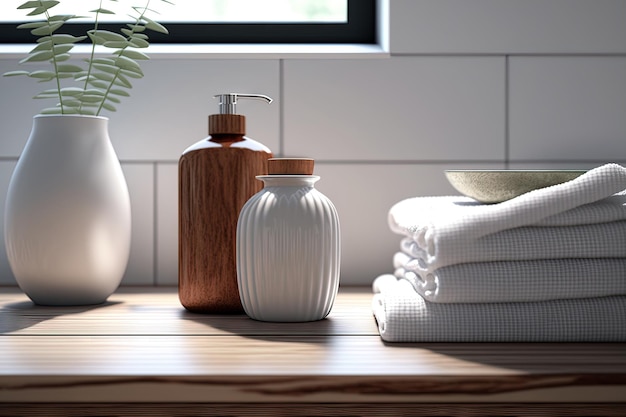 A wooden table top or wooden board with a ceramic shampoo bottle