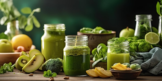 A wooden table topped with jars filled with green smoothies generative ai image