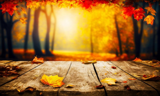 Wooden table topped with leaves in front of forest filled with trees Generative AI