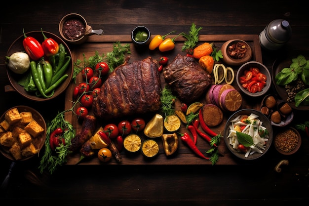 A wooden table topped with lots of different types of food