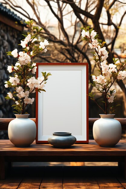 Wooden table topped with vases filled with white flowers Generative AI