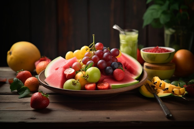 on a wooden table varieties of seasons fruits