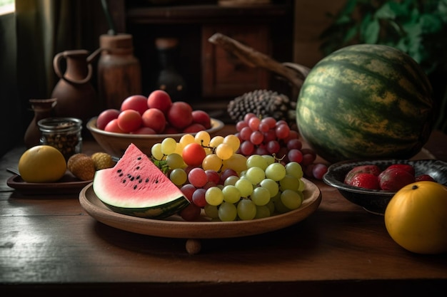 on a wooden table varieties of seasons fruits