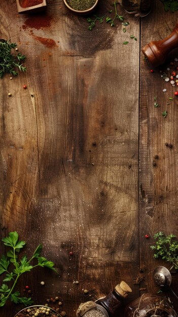 Wooden Table With Assorted Spices and Herbs