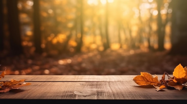 Wooden table with autumn background Illustration AI GenerativexA