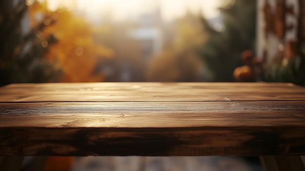 Photo wooden table with autumn background