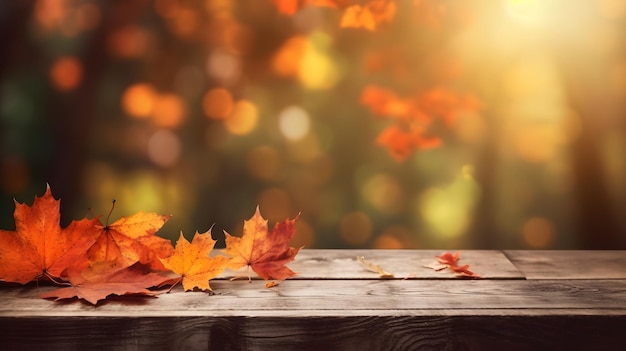 A wooden table with autumn leaves on it