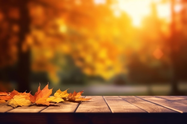 A wooden table with autumn leaves on it