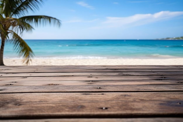 Wooden Table with beach background and Coconut Tree for Natural Organic Product Showcase