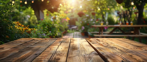 A wooden table with a bench in the background by ai generated image