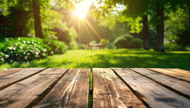 A wooden table with a bench in the background by ai generated image