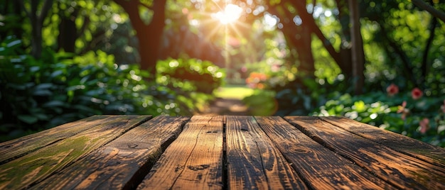 A wooden table with a bench in the background by ai generated image