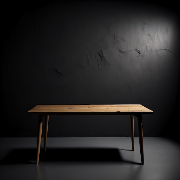 A wooden table with a black background and a black wall behind it.