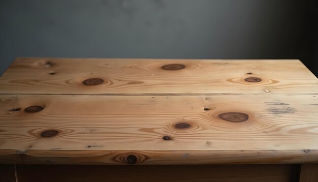 a wooden table with a black button on the top