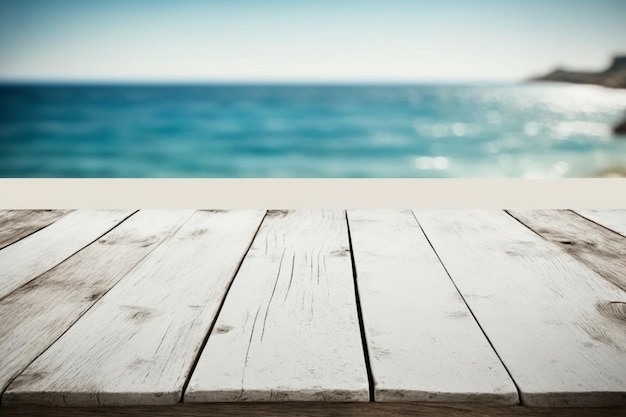 Wooden table with a blue sea in the background