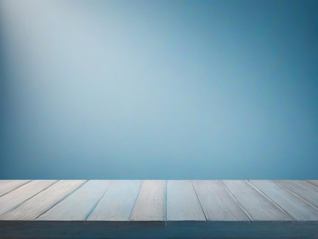 Wooden table with blue stucco wall background with light beam Product presentation mock up