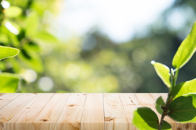 Wooden table with blur background of nature forest.