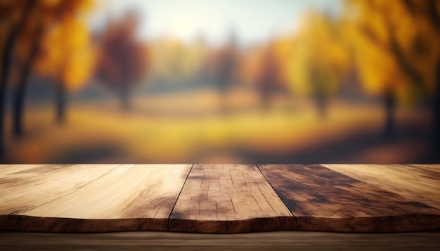 A wooden table with a blurred autumn background Generated AI