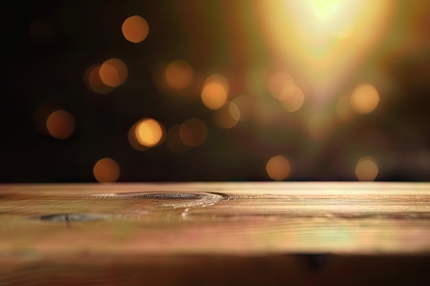 Photo wooden table with blurred background of evening light or sunset warm and cozy