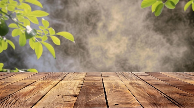 Photo wooden table with blurred background from plant window generative ai