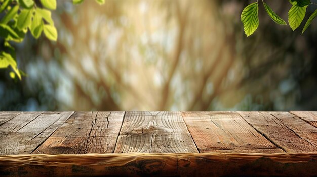 Photo wooden table with blurred background from plant window generative ai