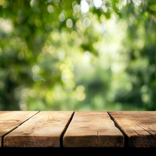 a wooden table with a blurred background of green trees and a blurred background