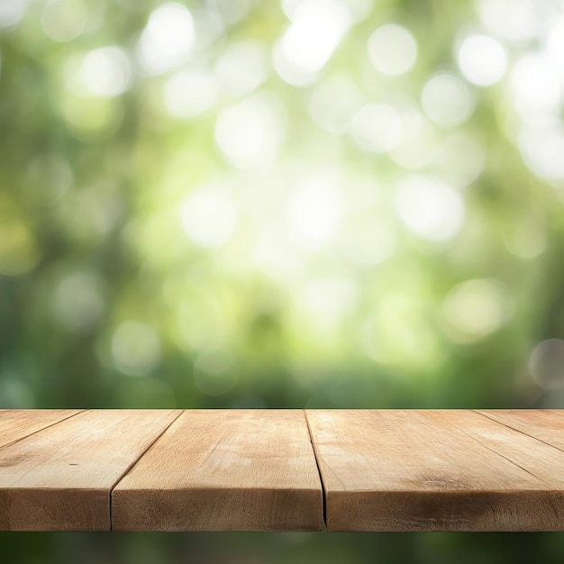 a wooden table with a blurred background of green trees and a blurred background