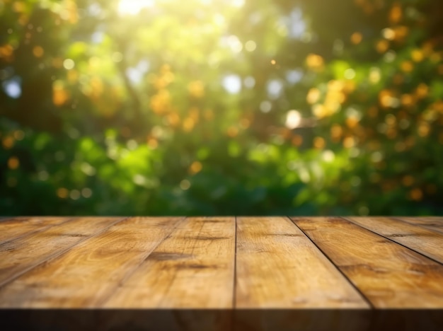 A wooden table with a blurred background of leaves and a bokeh background.